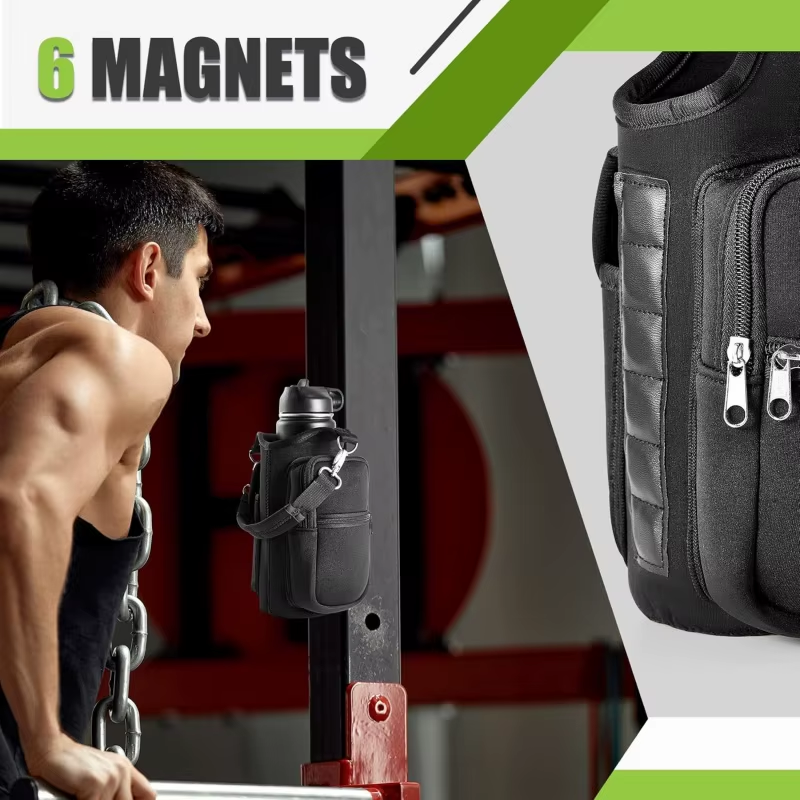 Magnetic Water Bottle Holder for Gym with a pocket for phones